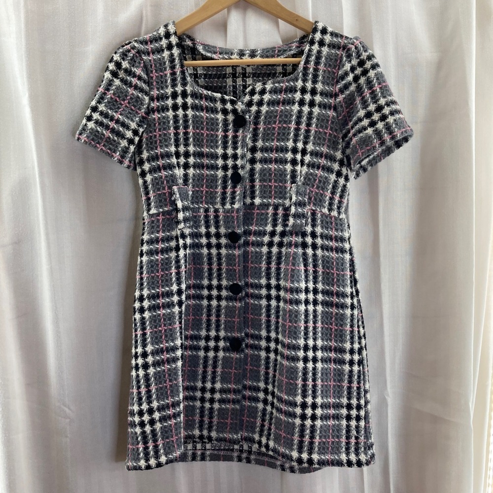 Plaid Tweed Button Front‎ Mini Dress – Parisian Preppy Academia Sty Small
